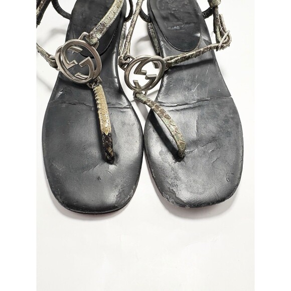 Gucci Thong Sandals Black w/ Silver GG Logo Python Accents Sz EU 34.5 4.5 - Picture 8 of 13